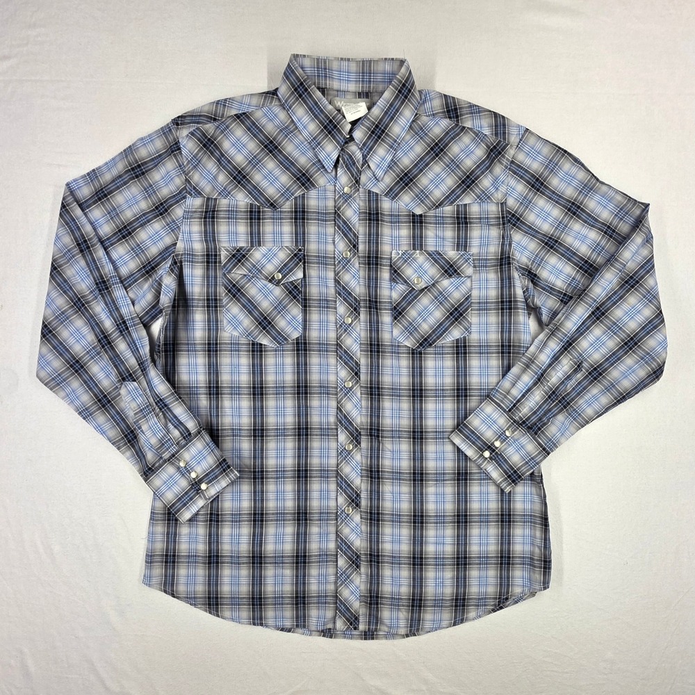 Wrangler Wrancher Mens Blue Plaid Western Pearl Snap Shirt MTW1297 L - Picture 1 of 12